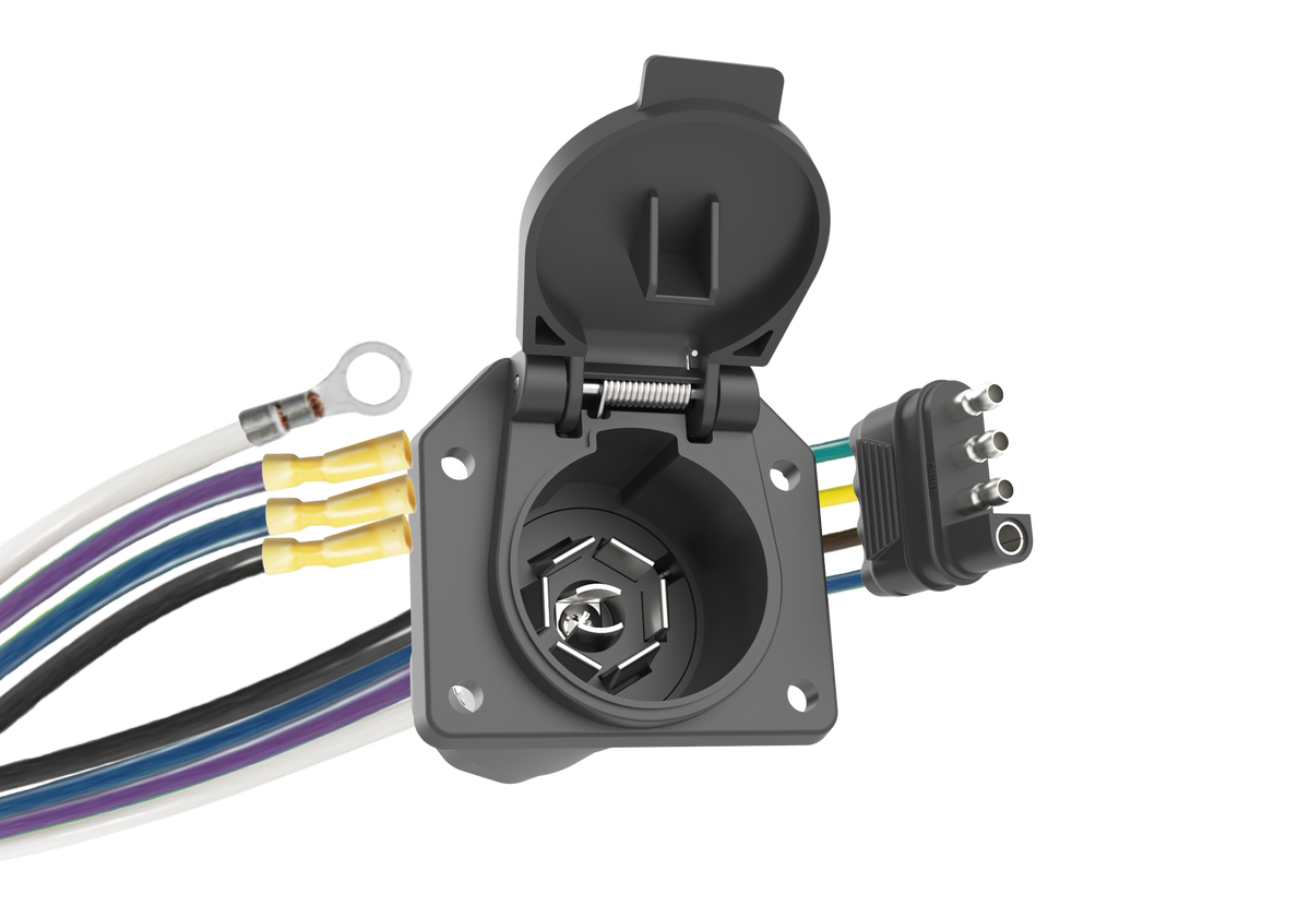 TrekPower 4-Way Flat to 7-Way RV Blade Trailer Wiring Adapter, Pre-Wired Vehicle-Side Socket with Cover and Ground Lead