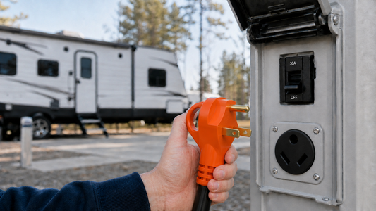 RV shore power cord being connected with the pedestal breaker switched off