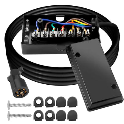 TrekPower 7-Way Trailer Cord with Weatherproof Junction Box, 8ft Heavy Duty 7-Pin Connector Cable for RV Towing & Campers
