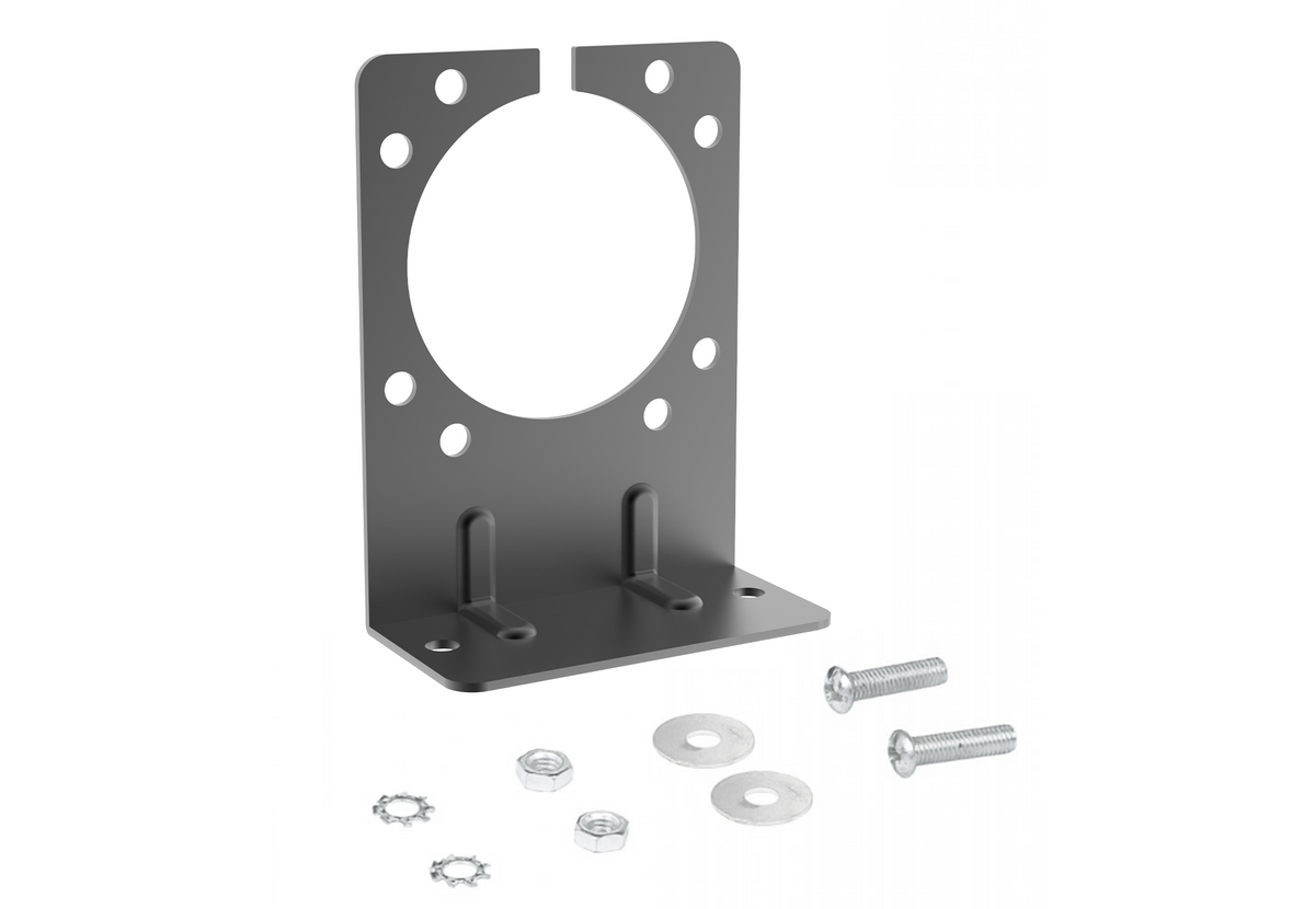 Black L-shaped trailer connector mounting bracket with slotted opening, bolts, washers and nuts