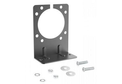 Black L-shaped trailer connector mounting bracket with slotted opening, bolts, washers and nuts