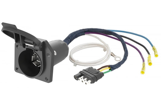 TrekPower 4-Way Flat to 7-Way RV Blade Trailer Wiring Adapter, Pre-Wired Vehicle-Side Socket with Cover and Ground Lead