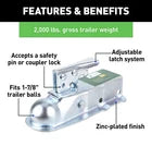 TrekPower Straight Tongue Trailer Coupler for 1-7/8" Ball, 2" Channel, 2,000 lb