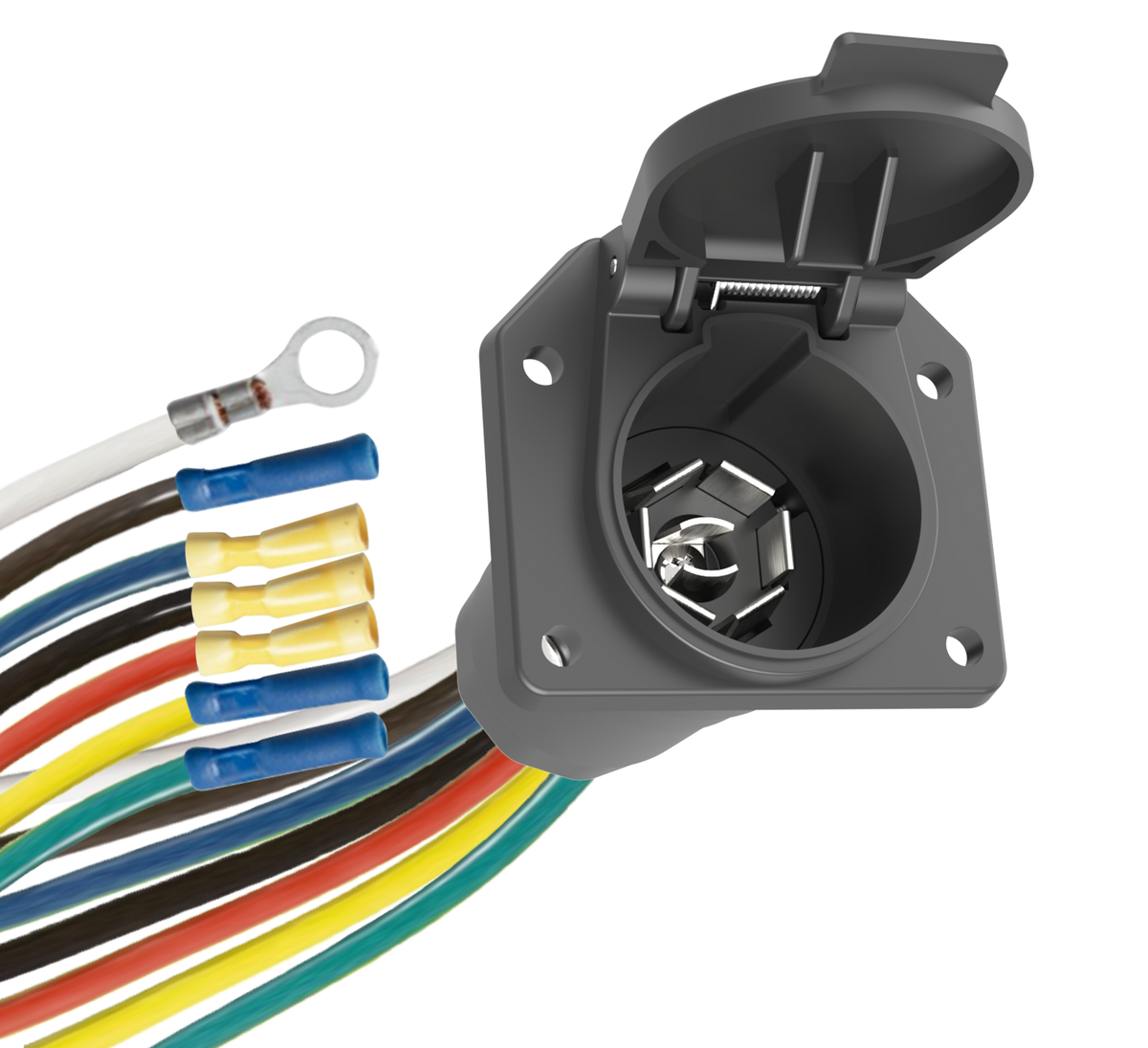 TrekPower pre-wired 7-way RV blade vehicle-side trailer socket with color-coded pigtail and spring-loaded cover