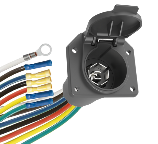 TrekPower pre-wired 7-way RV blade vehicle-side trailer socket with color-coded pigtail and spring-loaded cover