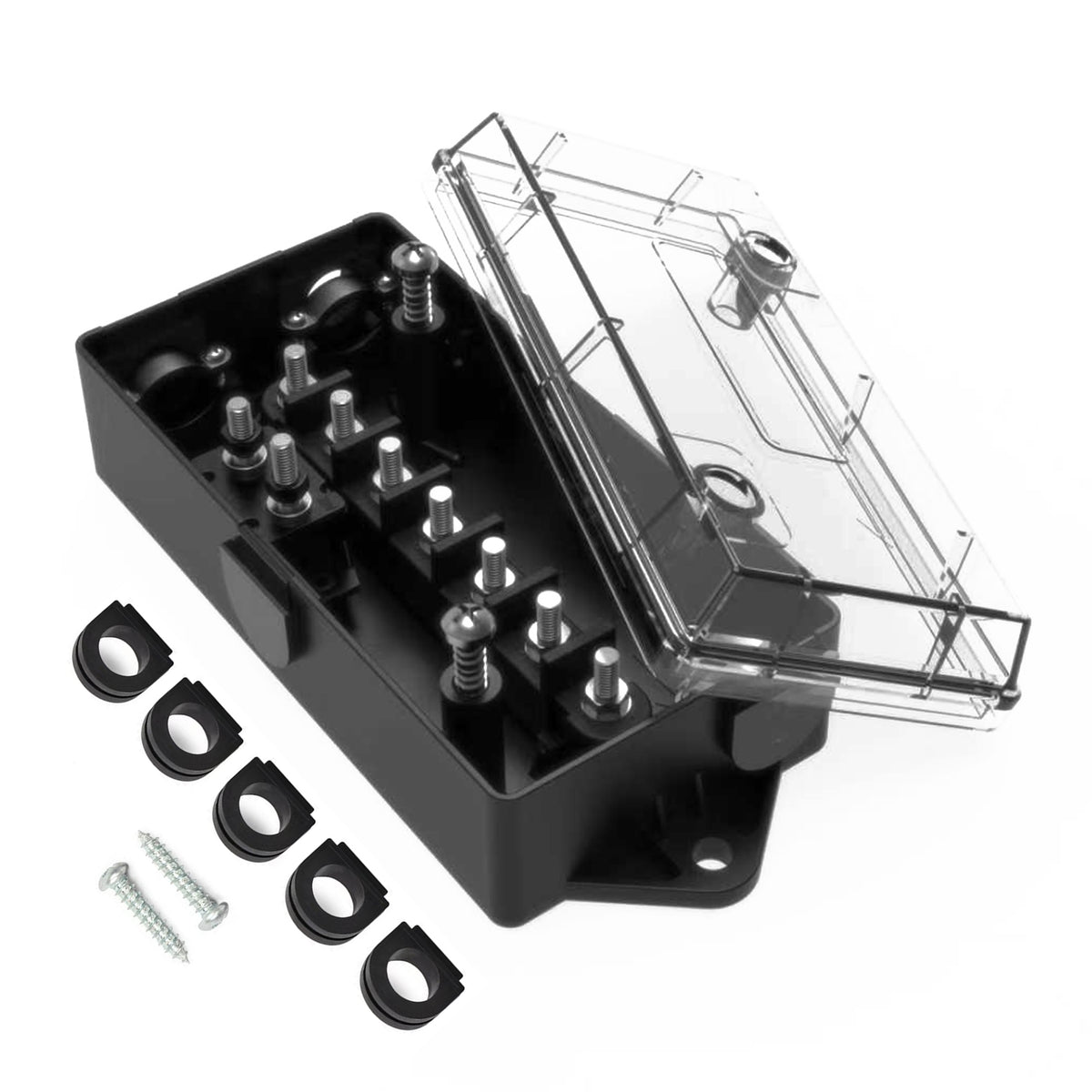 TrekPower 7-terminal trailer wiring junction box with clear cover, five cable grommets and mounting screws