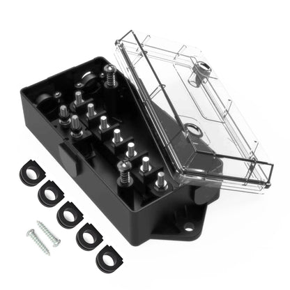 TrekPower 7-terminal trailer wiring junction box with clear cover, five cable grommets and mounting screws