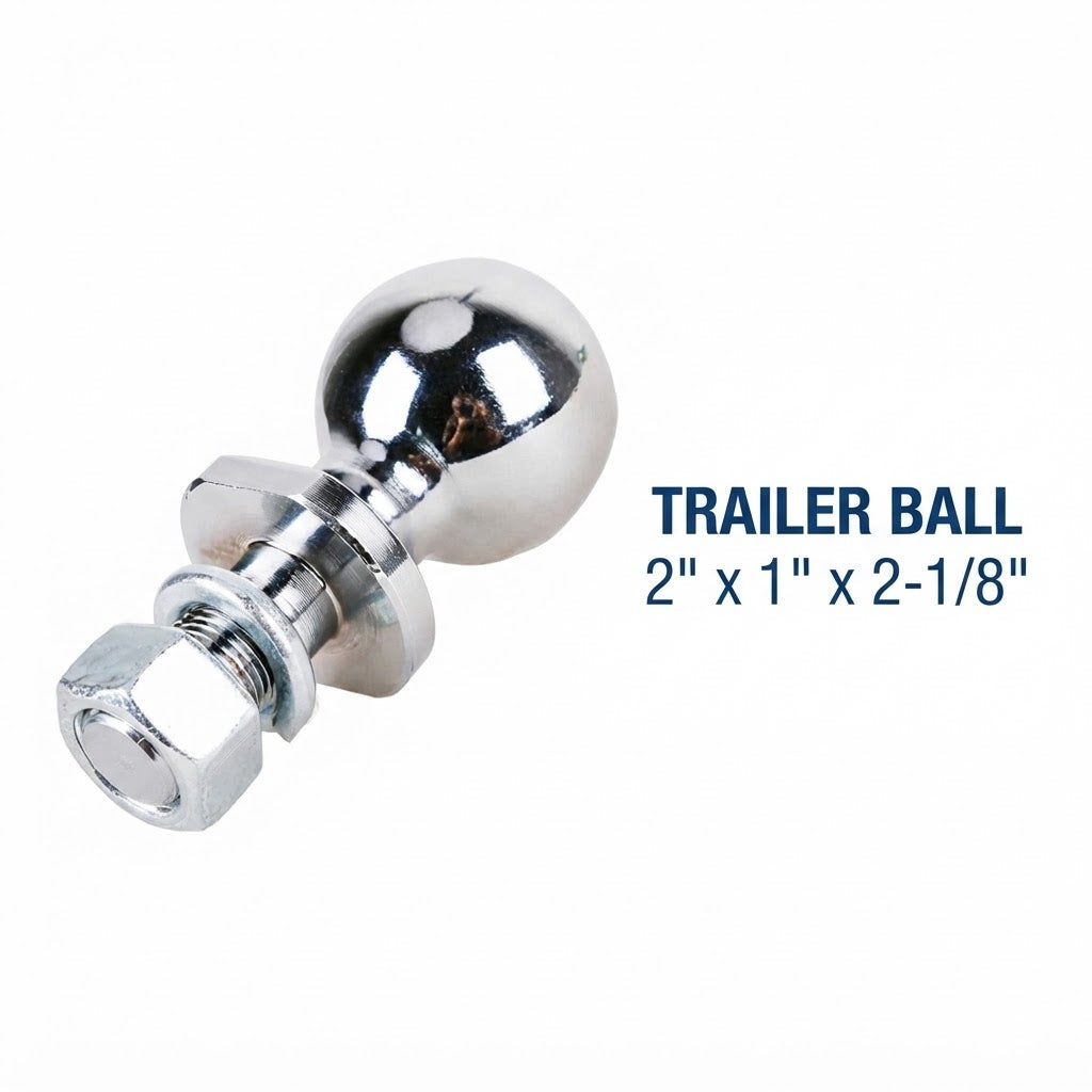 TrekPower 2 inch chrome trailer hitch ball, 1" x 2-1/8" shank, 6,000 lbs capacity, featuring heavy-duty steel with lock washer and nut on a white background