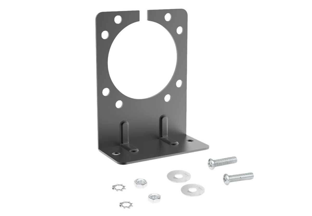 TrekPower black steel mounting bracket for 7-way RV blade and 6-pole round trailer connectors with hardware