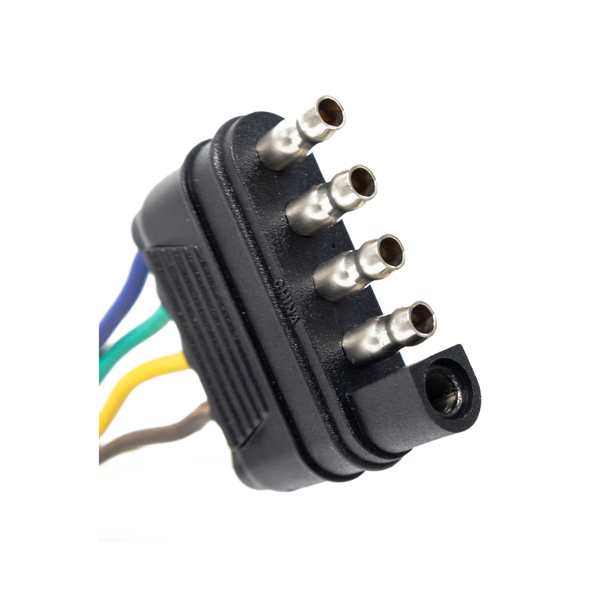 Close-up of TrekPower 5-way flat trailer-end connector showing four exposed pins and one recessed socket