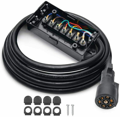 TrekPower 7-Way Trailer Cord with Weatherproof Junction Box, 8ft Heavy Duty 7-Pin Connector Cable for RV Towing & Campers