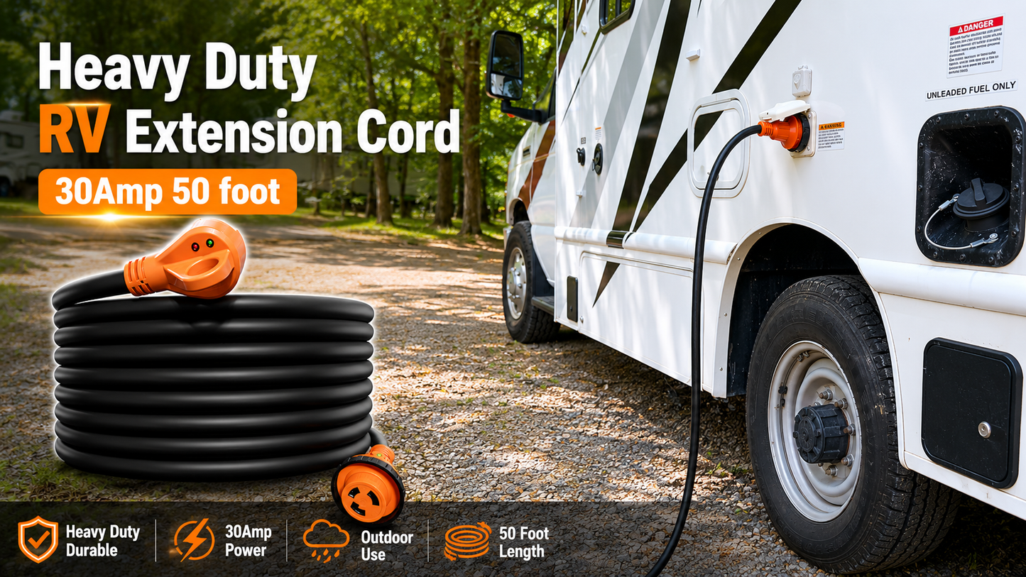 TrekPower 30 Amp 50 ft RV Extension Cord Heavy Duty with Locking Connector and LED Power Indicator