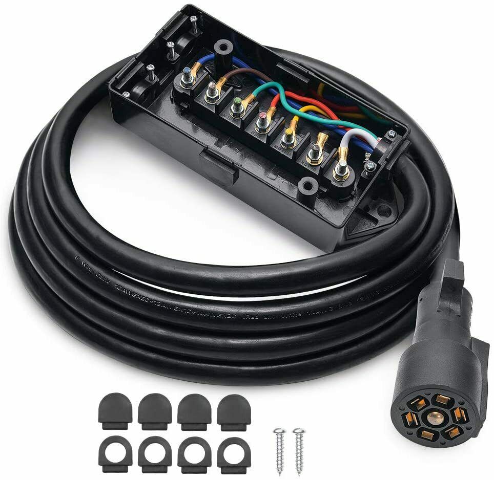 TrekPower 7-Way Trailer Cord with Weatherproof Junction Box, 8ft Heavy Duty 7-Pin Connector Cable for RV Towing & Campers