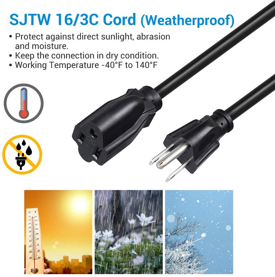 10 ft Outdoor Extension Cord  16/3AWG Black (07160V) 20ft/50ft Trekpower