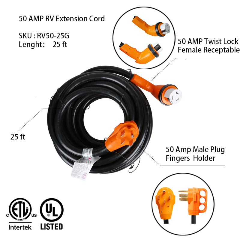 50 ft 50 Amp RV Extension Cord With 90 degree Easy Plug angle Trekpower