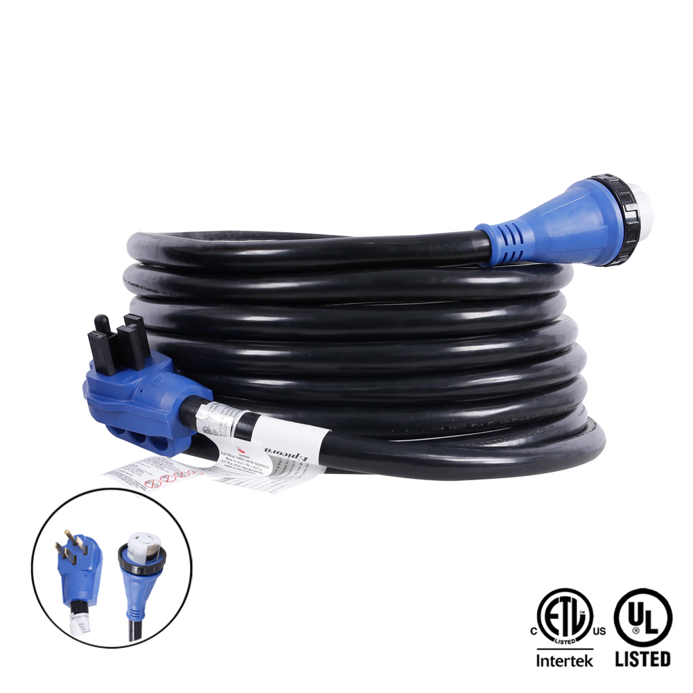 50AMP RV Extension Power Cord 30ft 90 degree with Twist Lock and Light